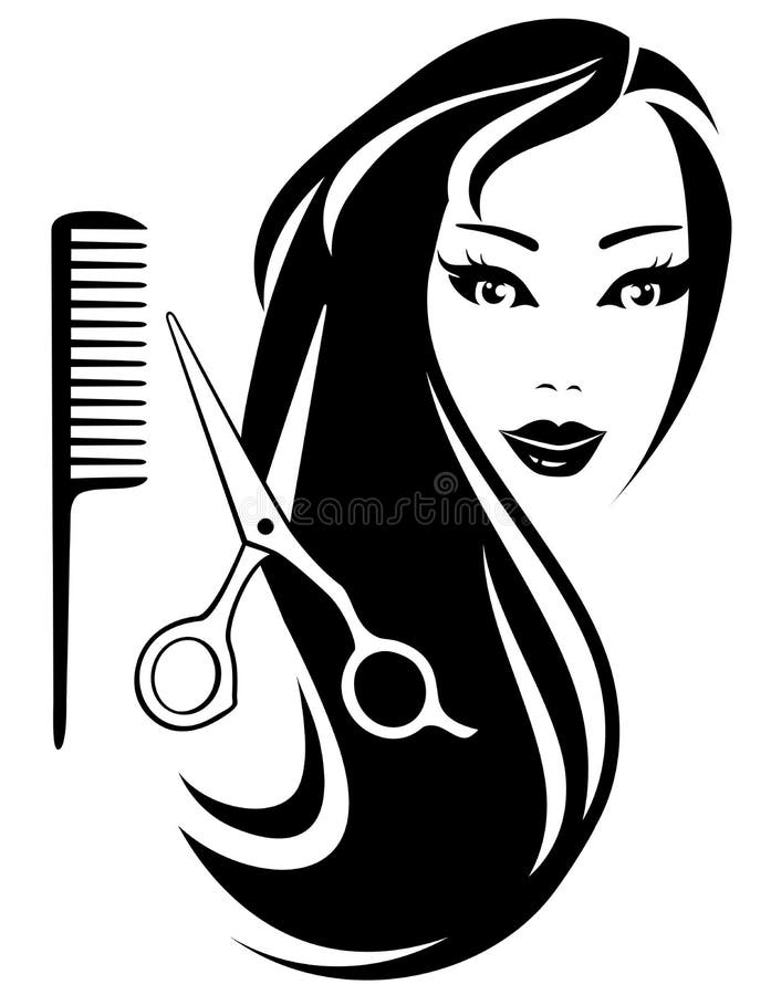 Mädchen mit dem schwarzem langem Haar und Scheren und Kamm stock abbildung Mädchen mit dem schwarzem langem Haar und Scheren und Kamm stock abbildung