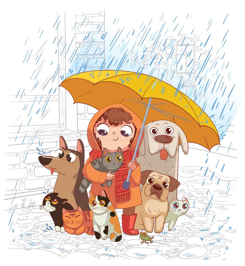 Mädchen mit Hunde- und Katzenständen im Regen unter einem Schirm