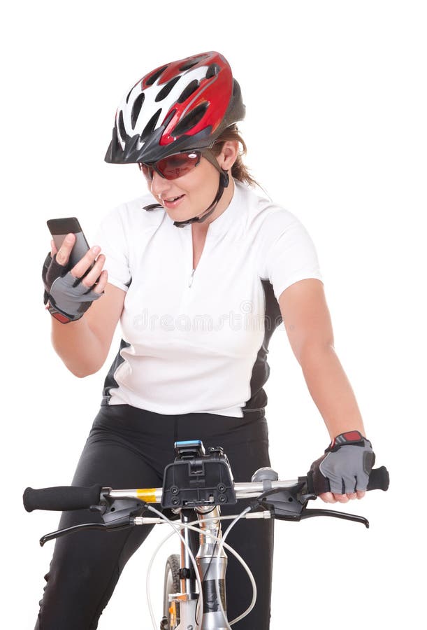 Mädchen-Radfahrer, der am Telefon spricht lizenzfreies stockbild Mädchen-Radfahrer, der am Telefon spricht lizenzfreies stockbild