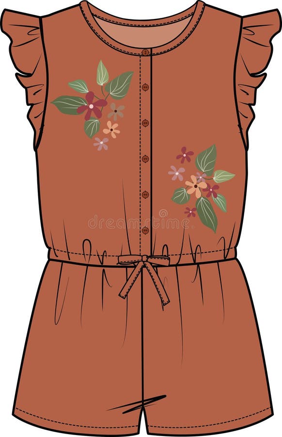 Girls and Teens Wear Woven Frilled Jumpsuit with Floral Embroidery Vector Illustration. Girls and Teens Wear Woven Frilled Jumpsuit with Floral Embroidery Vector Illustration