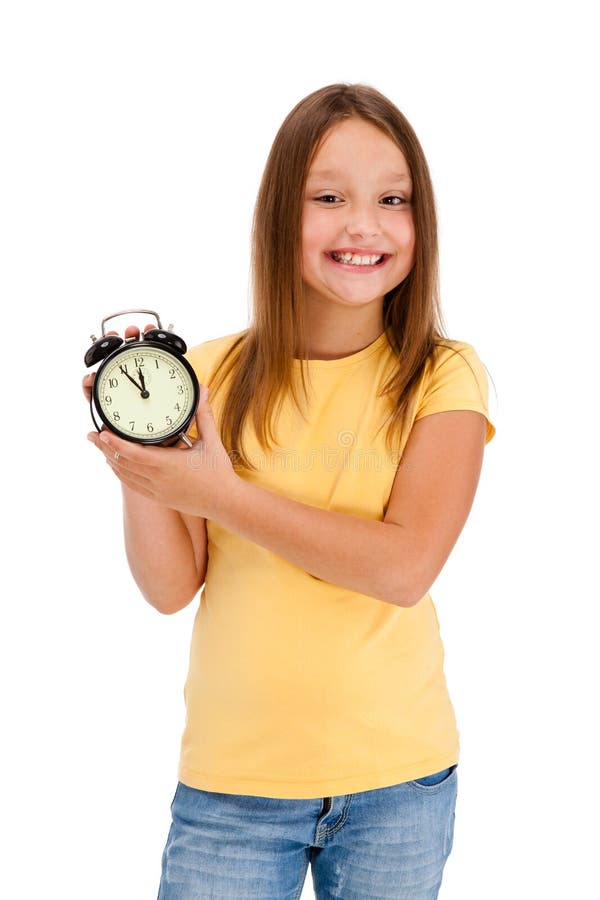 Mädchenholdingalarmuhr getrennt auf Weiß stockfoto Mädchenholdingalarmuhr getrennt auf Weiß stockfoto