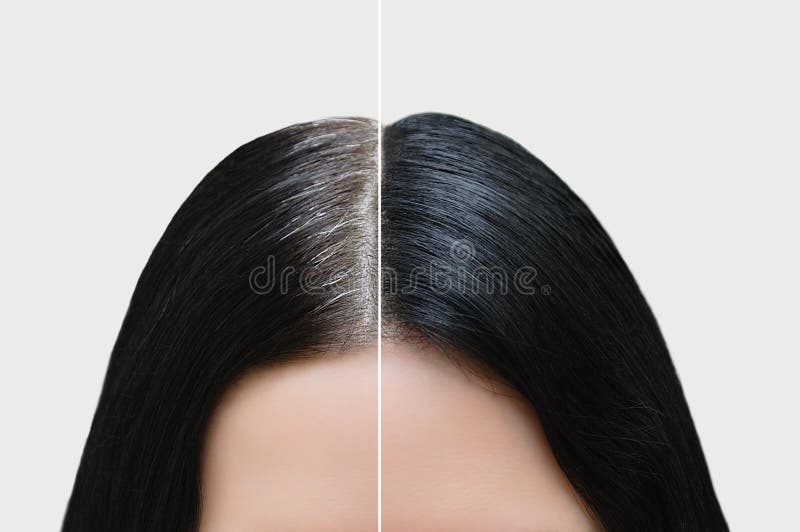 Mädchenkopf mit dem schwarzen grauen Haar Lokalisiert über Weiß Vorher und nachher