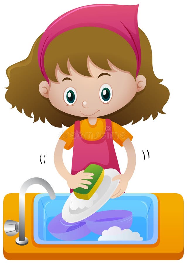 Mädchenreinigungsteller in der Wanne stock abbildung Mädchenreinigungsteller in der Wanne stock abbildung
