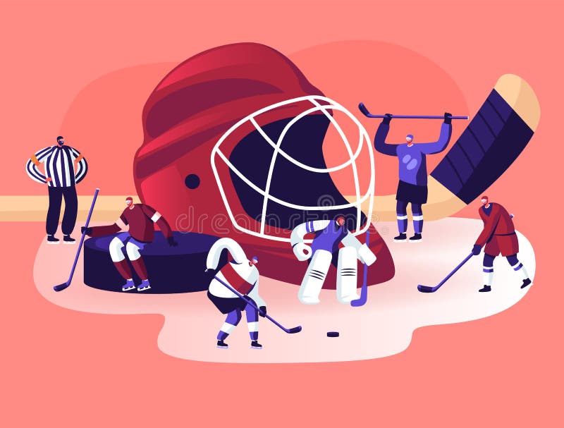 Män i idrottsvärlden - enhetlig med sticks som tränar hockey-spel Spelarna står på Ice Rink med enorm utrustning och domare stock illustrationer Män i idrottsvärlden - enhetlig med sticks som tränar hockey-spel Spelarna står på Ice Rink med enorm utrustning och domare stock illustrationer