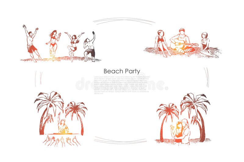 Män och kvinnor, dansa som spelar gitarren, dj-kapacitet, par på romantisk semester, strandpartibaner stock illustrationer Män och kvinnor, dansa som spelar gitarren, dj-kapacitet, par på romantisk semester, strandpartibaner stock illustrationer
