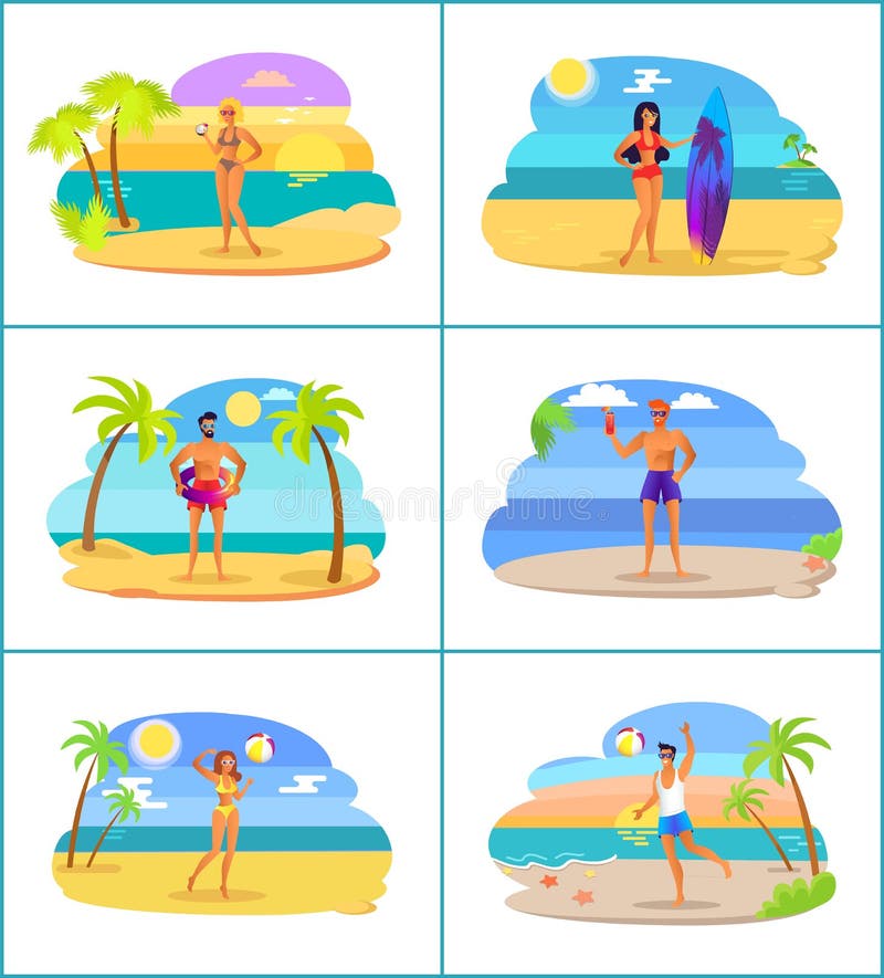 Män och kvinnor i Swimwear på den tropiska stranduppsättningen vektor illustrationer Män och kvinnor i Swimwear på den tropiska stranduppsättningen vektor illustrationer