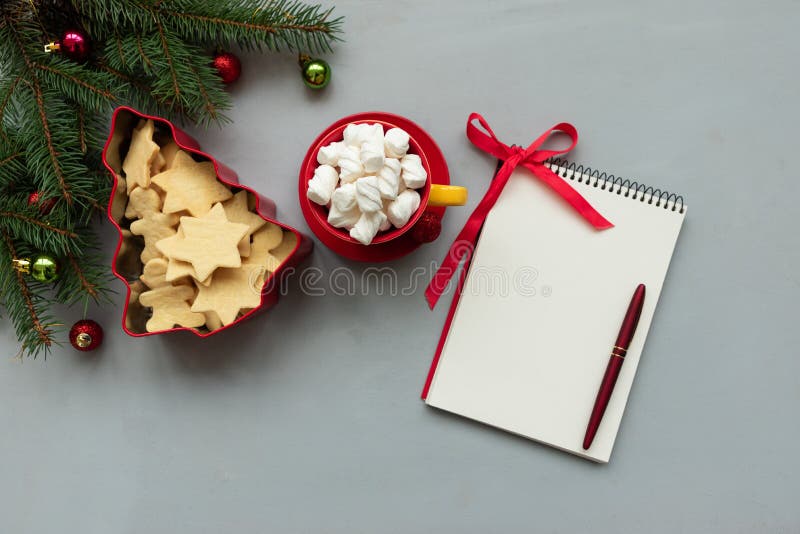 Mängd varm choklad med marshmallow, gingerkakor och bärbara datorer med vilka man kan räkna upp dekorerade trägrenar på grått trä arkivfoto Mängd varm choklad med marshmallow, gingerkakor och bärbara datorer med vilka man kan räkna upp dekorerade trägrenar på grått trä arkivfoto