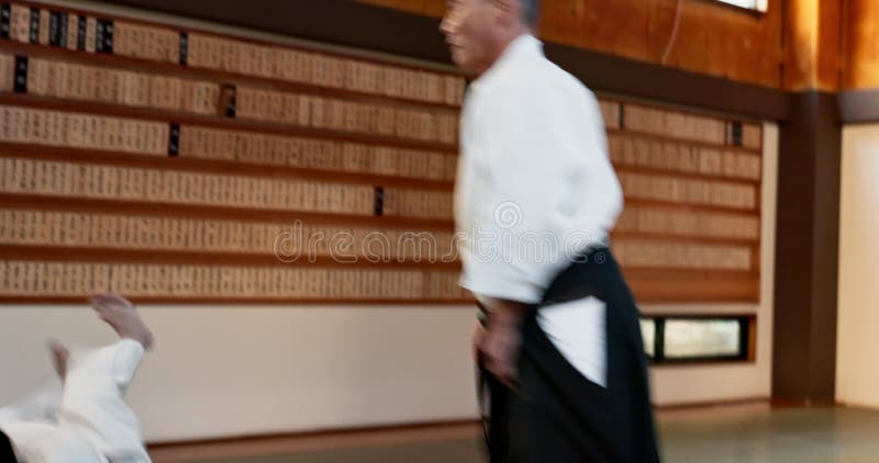 Männer aikido Kämpfen und Selbstverteidigung für Trainingspraxis und schwarze Gürtelstudenten für Kampfkunst. Sensei