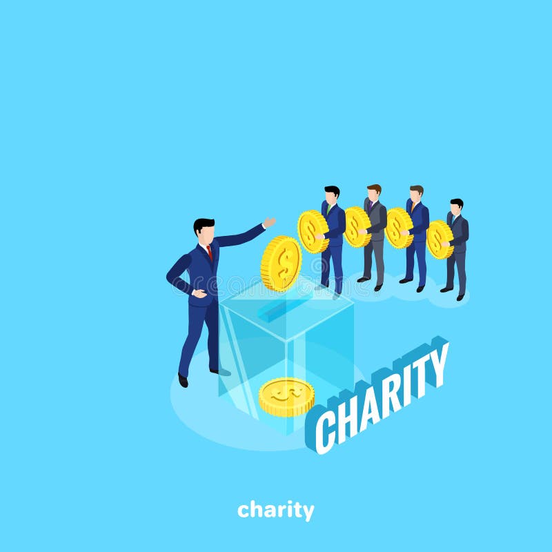 Men in business suits stand in line to make a charitable contribution and a glass box as a tool for collecting money, an isometric image. Men in business suits stand in line to make a charitable contribution and a glass box as a tool for collecting money, an isometric image