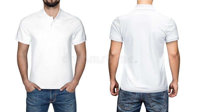 Männer im leeren weißen Polohemd, in der Front und in der hinteren Ansicht, weißer Hintergrund Entwerfen Sie Polohemd, -schablone stockfoto