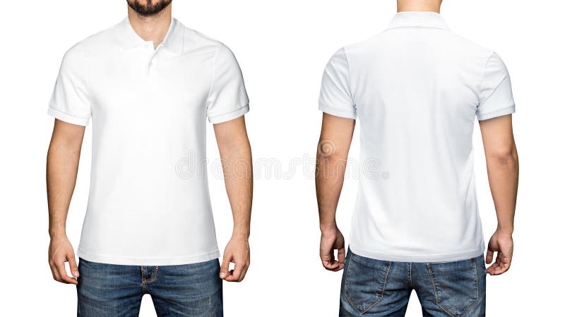 Männer im leeren weißen Polohemd, in der Front und in der hinteren Ansicht, weißer Hintergrund Entwerfen Sie Polohemd, -schablone lizenzfreies stockbild