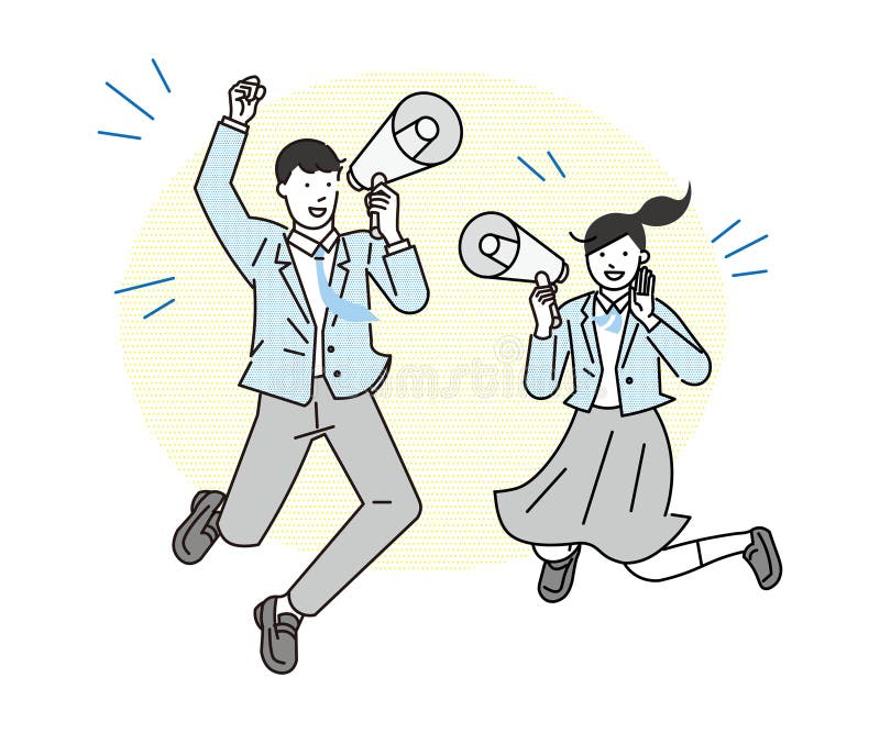 Men and women jumping with megaphones - cheering - people black and white simple vector illustration material- simple vector illustration-school boy and girl. Men and women jumping with megaphones - cheering - people black and white simple vector illustration material- simple vector illustration-school boy and girl