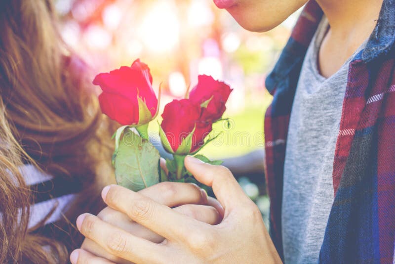 Männer, welche die Rotrose gibt Frauen Rotrose an Valentinsgruß ` s Tag halten Konzept mit Sonnenunterganghintergrund stockfoto Männer, welche die Rotrose gibt Frauen Rotrose an Valentinsgruß ` s Tag halten Konzept mit Sonnenunterganghintergrund stockfoto