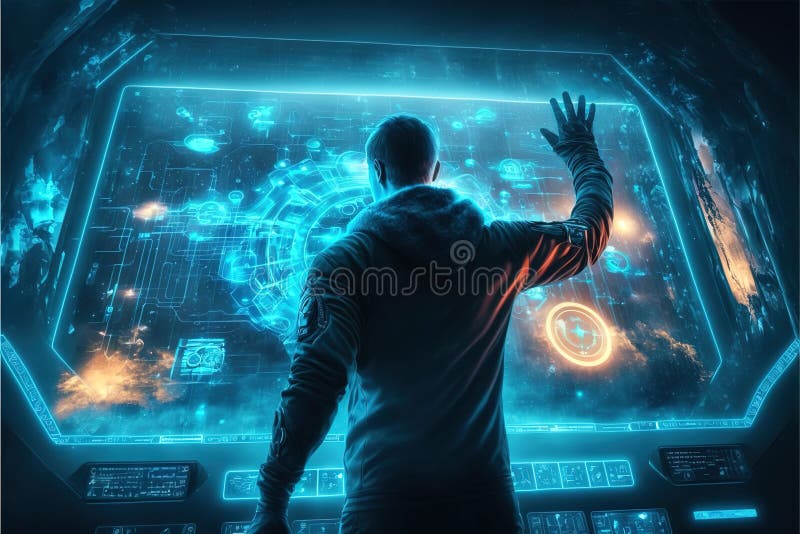 Människa arbetar med futuristiskt instrumentpanelsdatorsystem med kontaktgränssnittsgenerativ ai royaltyfri illustrationer