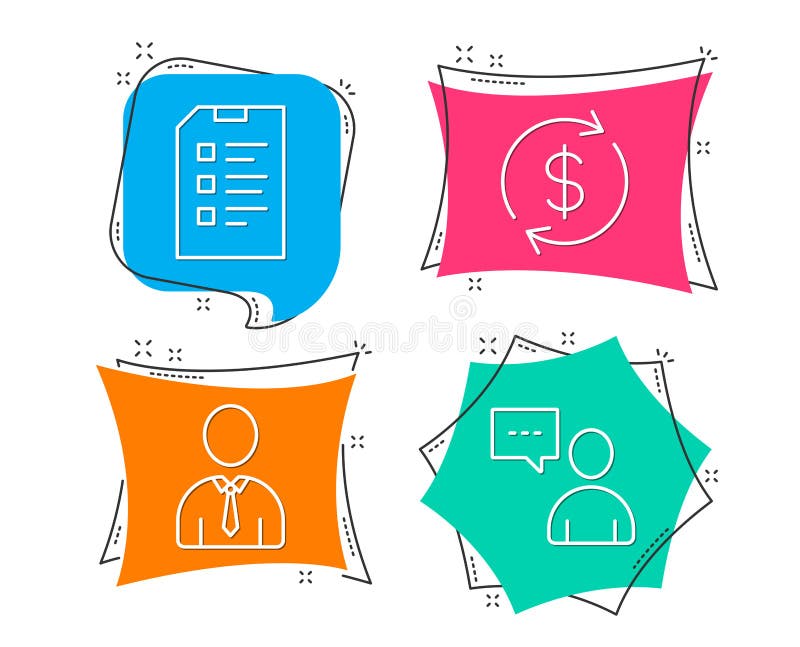 Människa Usd utbyte och kontrollistasymboler Användarepratstundtecken Personprofil, valutahastighet, datalista vektor illustrationer Människa Usd utbyte och kontrollistasymboler Användarepratstundtecken Personprofil, valutahastighet, datalista vektor illustrationer