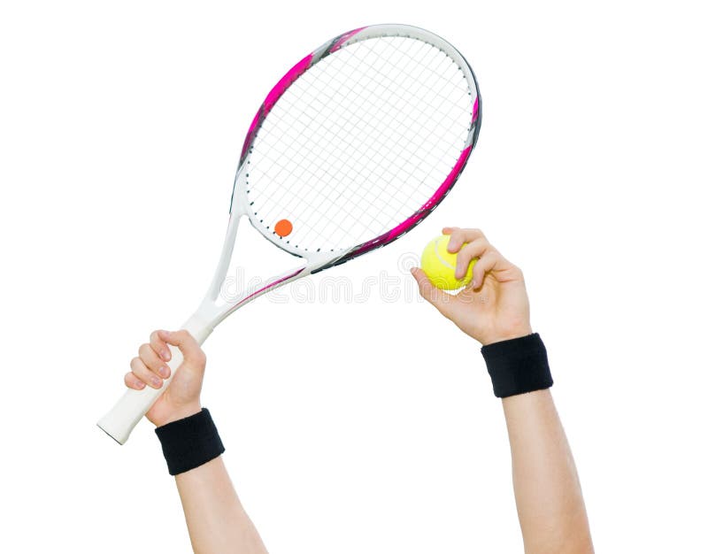 Människahänder som rymmer tennisbollen och en racket som isoleras på vit b arkivfoto Människahänder som rymmer tennisbollen och en racket som isoleras på vit b arkivfoto