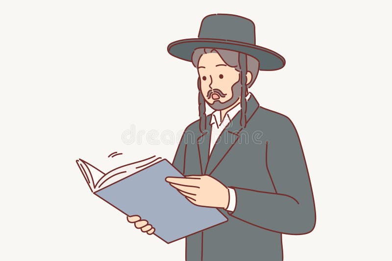 Man in jewish traditional clothing reads book or business documents and shows surprised emotions. Religious talmud in hands of religious guy studying judaism to achieve career success. Man in jewish traditional clothing reads book or business documents and shows surprised emotions. Religious talmud in hands of religious guy studying judaism to achieve career success