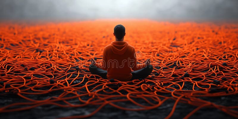 Människor mediterar på fältet med glödande orange kablar som skapar surrealistisk atmosfär stock illustrationer