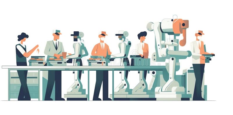 Människor och robotar arbetar med produktionsband. automatisering och robotkoncept generativ stock illustrationer