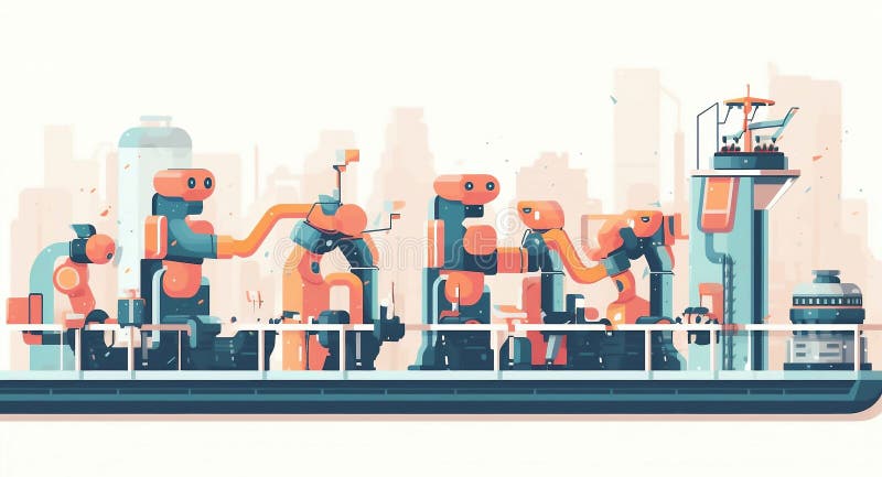 Människor och robotar arbetar med produktionsband. automatisering och robotkoncept generativ stock illustrationer