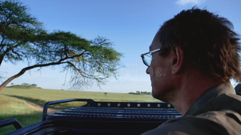 Människorna kör på safari jeep på den afrikanska luckan på takbilen.