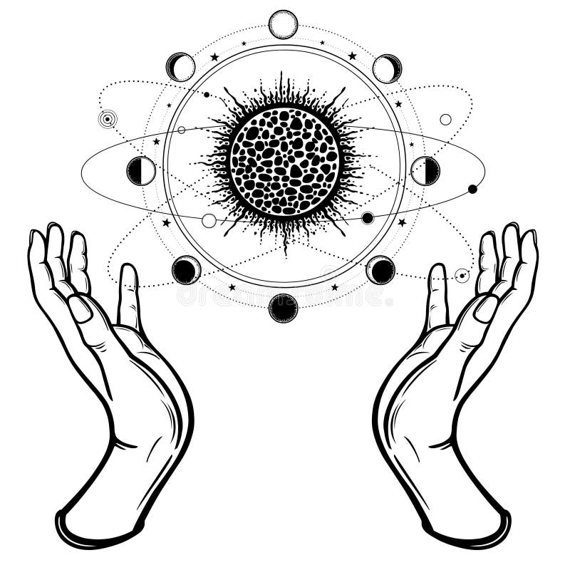 Människors händer har ett stiliserat solsystem, kosmiska symboler, månfas