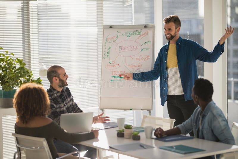 Male executive explaining business plans to his coworkers on flip chart in the office. Male executive explaining business plans to his coworkers on flip chart in the office