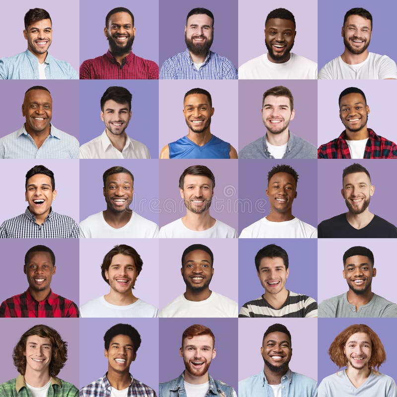 Männliche Gesichter über lila Studio Hintergründe Sammlung von Porträts lizenzfreie stockfotos