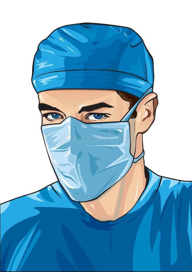 Raster illustration. Close-up portrait of a male nurse with surgical mask. Raster illustration. Close-up portrait of a male nurse with surgical mask.