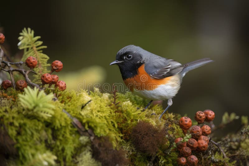 Männliche Rote-Futter bei Beeren im Wald stock abbildung