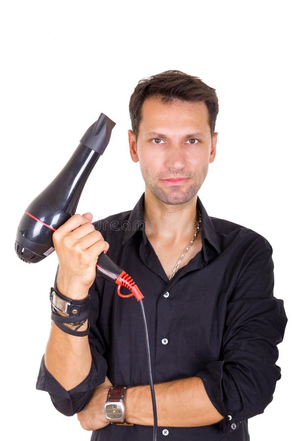 Männlicher Friseur mit Haartrockner stockfotografie Männlicher Friseur mit Haartrockner stockfotografie