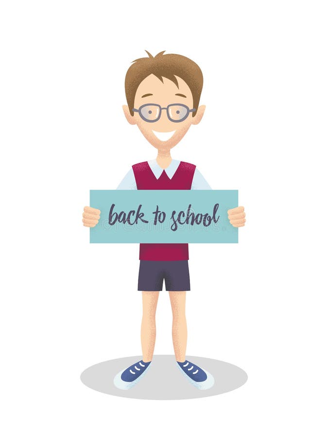 Männlicher glücklicher Charakter ist Schüler mit Fahne vektor abbildung Männlicher glücklicher Charakter ist Schüler mit Fahne vektor abbildung