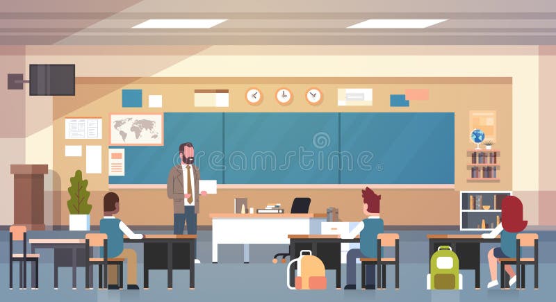 Männlicher Lehrer-And Pupils In-Klassenzimmer auf Lektions-unterrichtender Schulklasse stock abbildung Männlicher Lehrer-And Pupils In-Klassenzimmer auf Lektions-unterrichtender Schulklasse stock abbildung