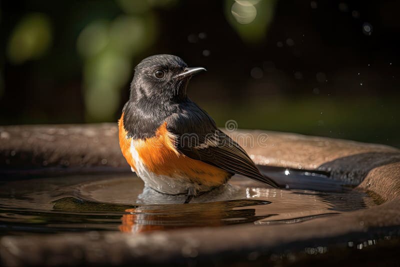 Männlicher Rotstart in Vogelbad mit ausgebreiteten Flügeln vektor abbildung