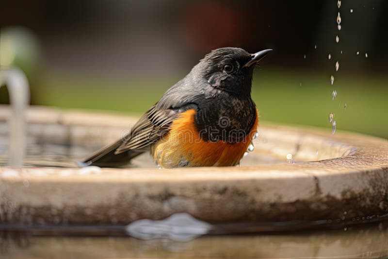 Männlicher Rotstart in Vogelbad mit ausgebreiteten Flügeln lizenzfreie abbildung