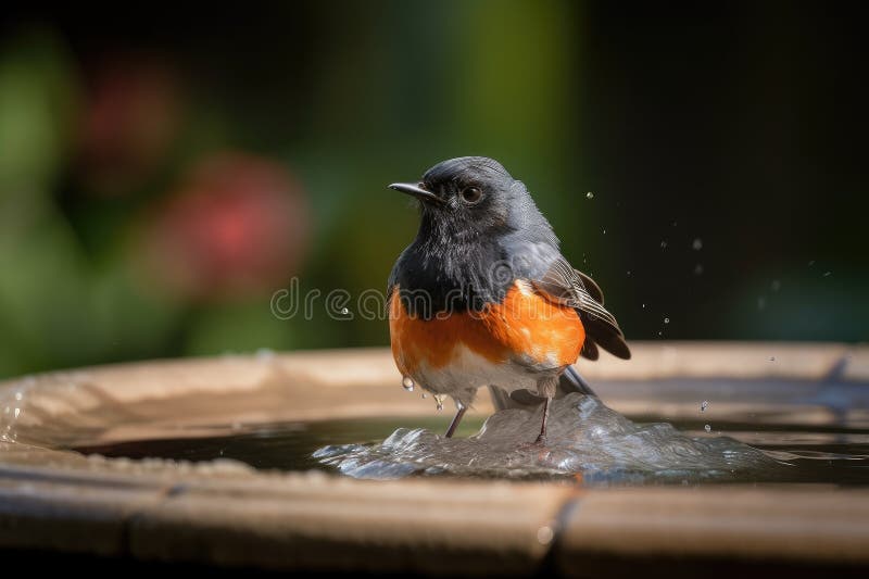 Männlicher Rotstart in Vogelbad mit ausgebreiteten Flügeln lizenzfreie abbildung