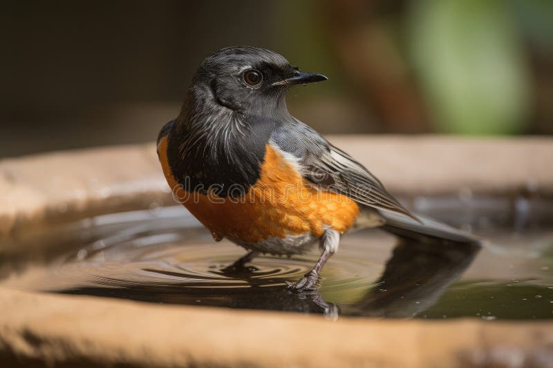 Männlicher Rotstart in Vogelbad mit ausgebreiteten Flügeln stock abbildung