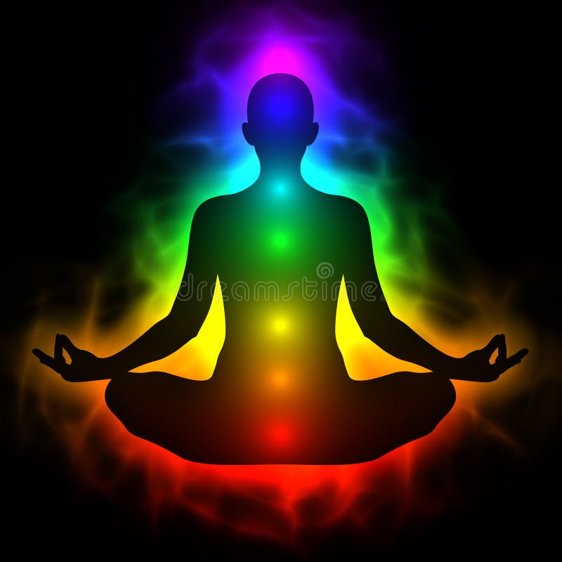 Mänsklig energikropp, aura, chakra i meditation vektor illustrationer Mänsklig energikropp, aura, chakra i meditation vektor illustrationer