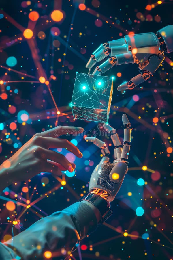 Mänsklig hand som interagerar med en robot som håller en kub i ett digitalt nätverk fotografering för bildbyråer