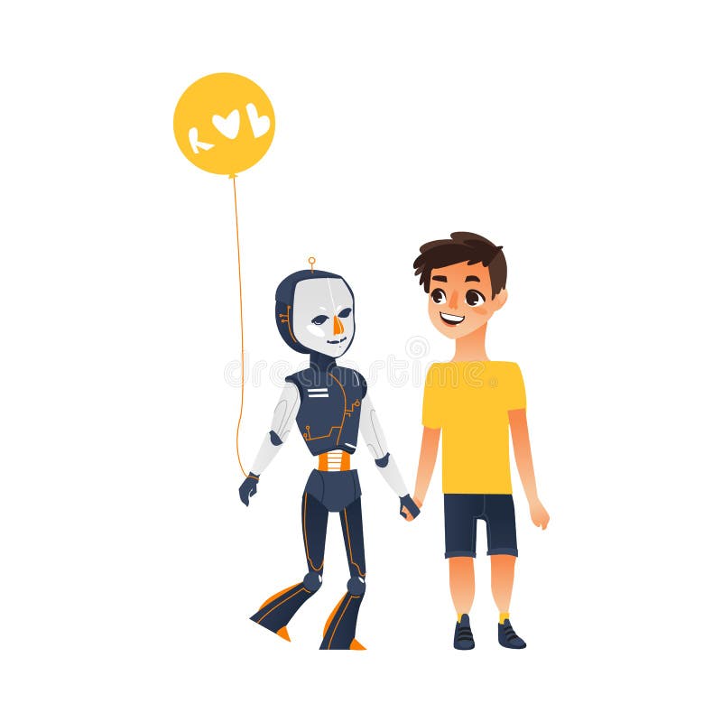 Mänsklig pojke och robot som tillsammans går som vänner vektor illustrationer Mänsklig pojke och robot som tillsammans går som vänner vektor illustrationer