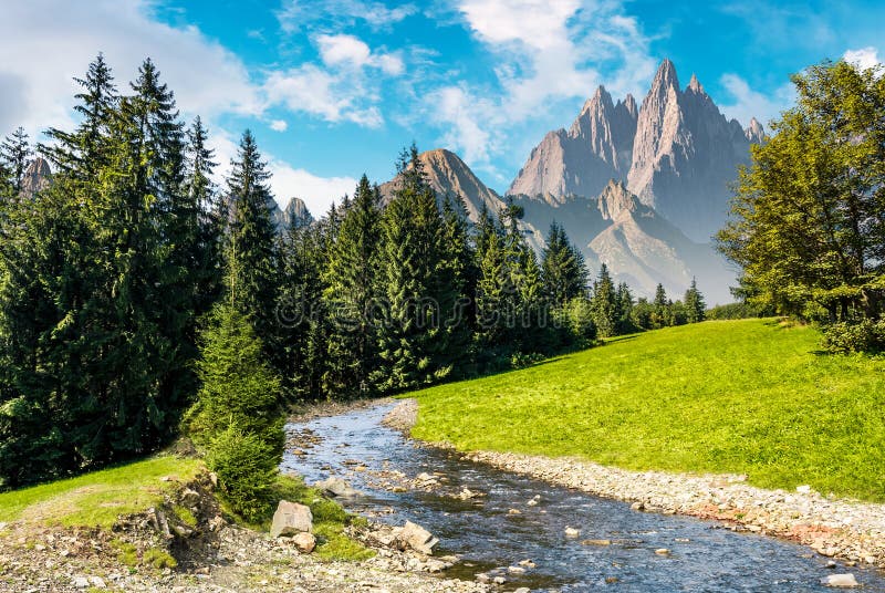 Fairy tale mountainous summer landscape. composite image with high rocky peaks above the mountain river in spruce forest. Fairy tale mountainous summer landscape. composite image with high rocky peaks above the mountain river in spruce forest