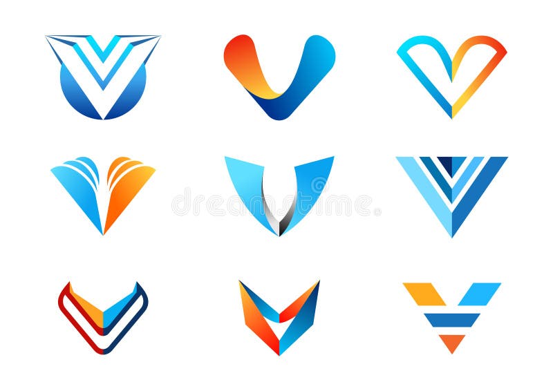 Märka v-logoen, abstrakta logoer för beståndsdelbegreppsföretaget, samlingsuppsättning av för affärslogoen för bokstäver V blå or