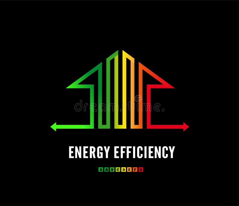 Märkning av energieffektivitetsklass i hemmet. Ekologisk logotypdesign. vektorbild på en svart bild stock illustrationer