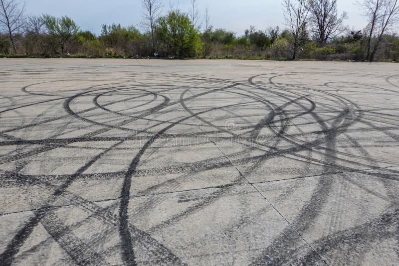 Burnout Drifting Car Tire Marks On Pavement. Burnout Drifting Car Tire Marks On Pavement