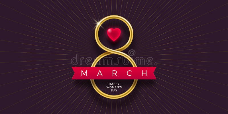 8 8. März Grußkarte Internationalen Frauentag Tages- Goldene Nr. acht, karminrotes Herz und Band mit dunklem Hintergrund stock abbildung