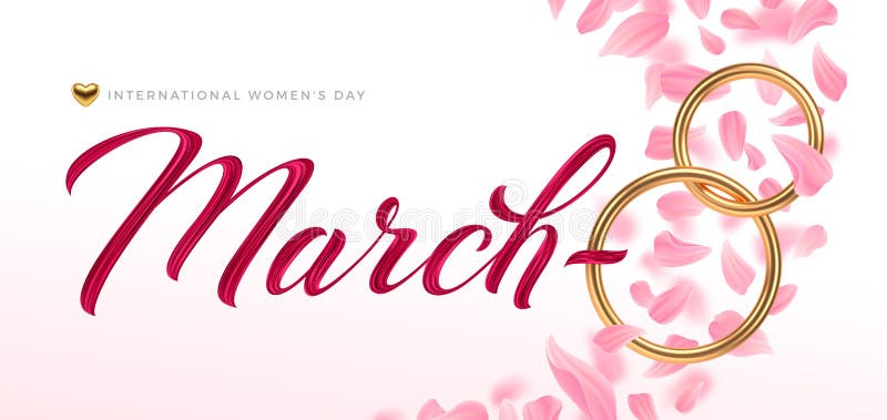 8 8. März Grußkarte Internationalen Frauentag Tages. Goldene Nr. acht und Kalligrafie Malen lizenzfreie abbildung