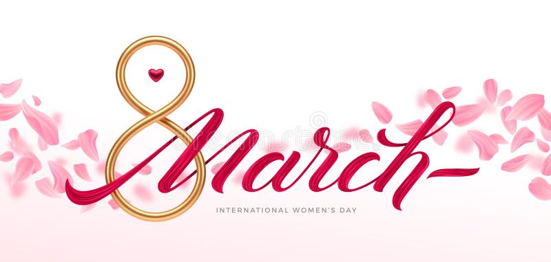 8 8. März Grußkarte Internationalen Frauentag Tages. Goldene Nr. acht und Kalligrafie und rosa Blätter Malen. lizenzfreie abbildung