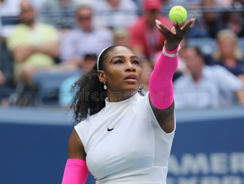 NEW YORK - SEPTEMBER 5, 2016: Grand Slam champion Serena Williams of United States in action during her round four match at US Open 2016 at Billie Jean King National Tennis Center in New York. NEW YORK - SEPTEMBER 5, 2016: Grand Slam champion Serena Williams of United States in action during her round four match at US Open 2016 at Billie Jean King National Tennis Center in New York