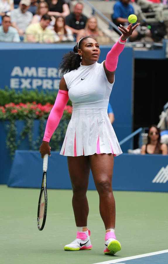 NEW YORK - SEPTEMBER 3, 2016: Grand Slam champion Serena Williams of United States in action during her round three match at US Open 2016 at Billie Jean King National Tennis Center in New York. NEW YORK - SEPTEMBER 3, 2016: Grand Slam champion Serena Williams of United States in action during her round three match at US Open 2016 at Billie Jean King National Tennis Center in New York