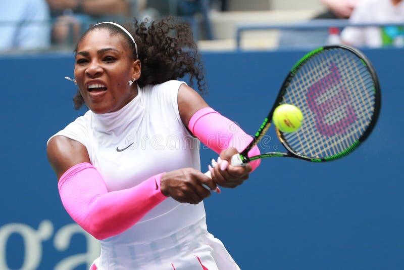 NEW YORK - SEPTEMBER 3, 2016: Grand Slam champion Serena Williams of United States in action during her round three match at US Open 2016 at Billie Jean King National Tennis Center in New York. NEW YORK - SEPTEMBER 3, 2016: Grand Slam champion Serena Williams of United States in action during her round three match at US Open 2016 at Billie Jean King National Tennis Center in New York